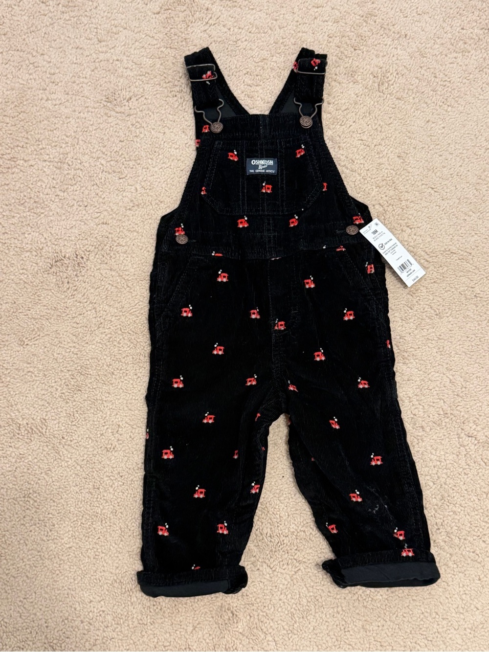NWT - 18M - OshKosh B'gosh Black Corduroy Overalls with Red Train Motif